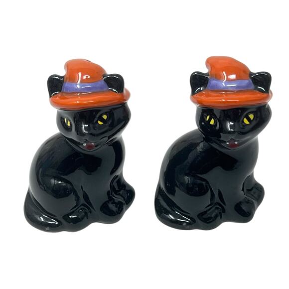Halloween Black Cat with Orange Witch's Hat Salt and Pepper Set 2.5" x 1.75" NEW - Picture 8 of 8